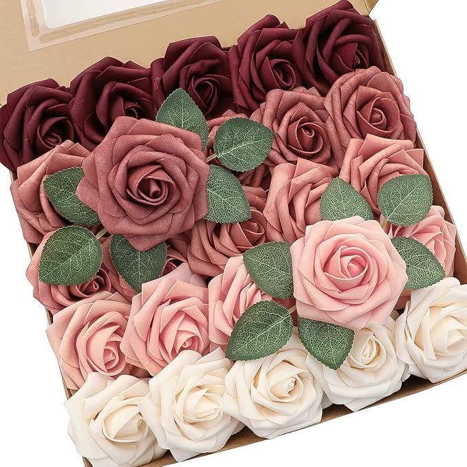 Floroom Artificial Flowers 25pcs Real Looking Burgundy Ombre Colors Foam Fake Roses with Stems for DIY Red Wedding Bouquets Bridal Shower Centerpieces Floral Arrangements Party Tables Home Decorations