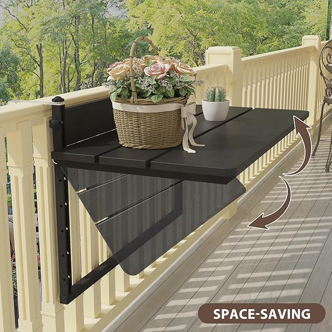 Sundale Outdoor 32" Large Folding Balcony Table for Railing, Patio HDPE Bar Adjustable Hanging Table for Baluster Garden Deck, Black