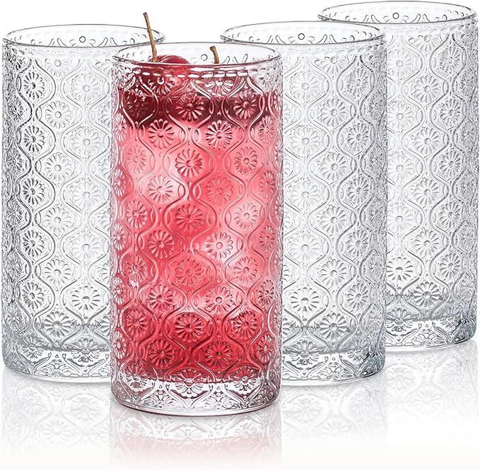 Glass Cups Vintage Glassware Set of 4, Drinking Glasses 12.5oz, Embossed Pattern Style Transparent Cocktail Glasses Set, for Ice Coffee,Juice,Beer,Bar Beverages,Drinkware, Transparent (L)