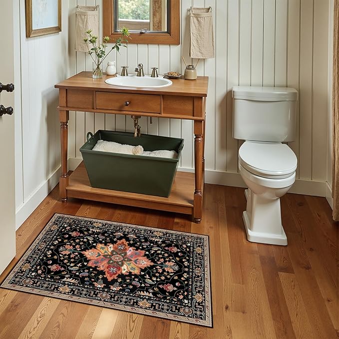 Area Rugs 2'x3' Kitchen Rugs Entry Rug Small Rugs for Entryway Kitchen Bathroom Door Mat Indoor Entrance,Washable Non Slip, Black Colorful Floral Dark Tan
