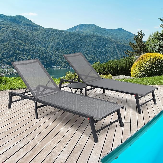 Aluminum Chaise Lounge Chair Outdoor, Foldable Patio Lounge Chair 2 Sets with Table Assemble-Free, Pool Lounge Chairs with 5 Adjustable Backrest, Outdoor Lounge Chairs for Outside Poolside Grey