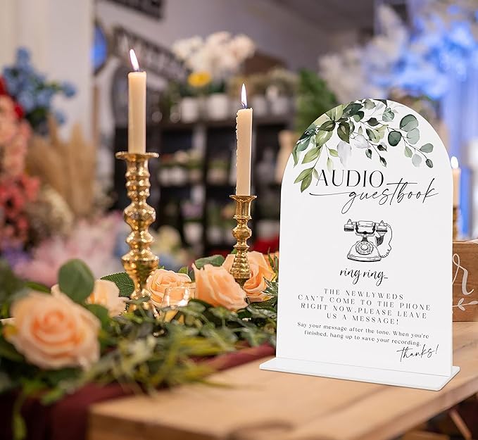 Wedding Signs for Reception, Green Leaves Audio Guestbook Sign, Wedding Reception Signage, Bridal Shower Table Decorations with Base, Supplies for Proposal, Bridal Shower Events and Ceremony, 12