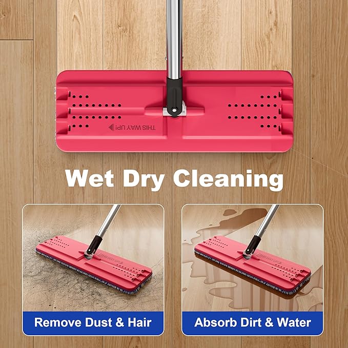 JOYMOOP Mop and Bucket with Wringer Set, Hands Free Flat Floor Mop and Bucket, with 4 Washable Microfiber Pads, Wet and Dry Use, Floor Cleaning System - Black+Red+Slate Blue