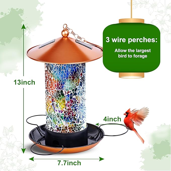 XDW-GIFTS Mosaic Solar Wild Bird Feeder, Waterproof Lantern Shape with S-Hook & 4 LED Lights, Garden Decor for Lawn, Patio, Balcony, Yard Ornament - Unique Gifts for Mom, Women, Grandma, Bird Lovers