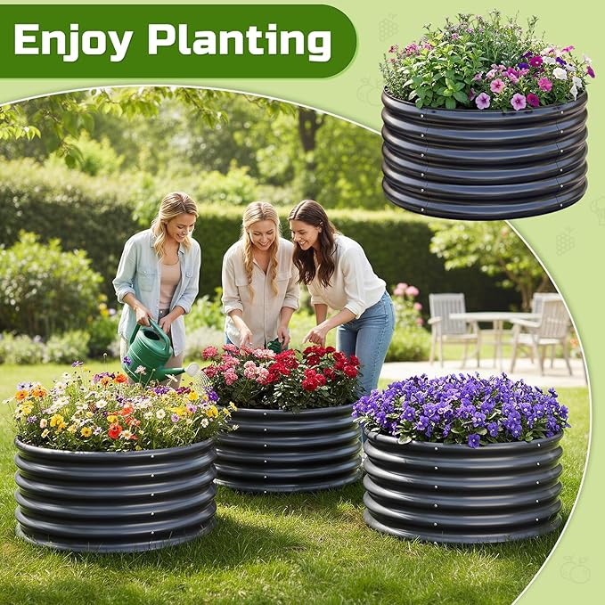 AHEONLAR 3PCS 2x2x2ft Galvanized Raised Garden Bed Kit Round Metal Flower Box Large Planter Raised Beds Outdoor Garden for Planting,Fruit,Herb Grey