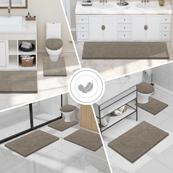 Smiry Luxury Chenille Bathroom Rugs 24x16, Extra Soft and Absorbent Shaggy Bath Mat, Machine Washable, Non-Slip Plush Carpet Runner for Tub, Shower, and Floor, Home Decor Accessories, Latte