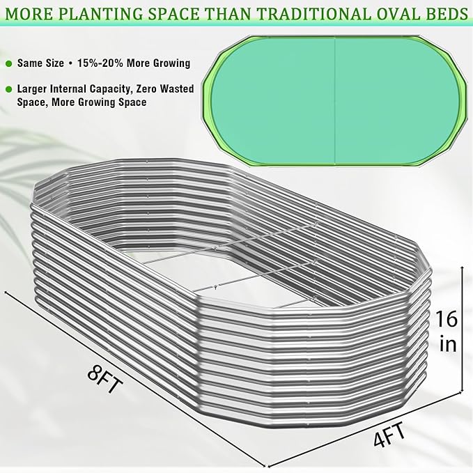 Raised Garden Bed Outdoor Upgrade Oval 2 Pack Tall 8x4FT, Galvanized Metal Garden Beds to Grow More in the Same Space, Raised Beds for Gardening Vegetables & Flowers Reinforced Design