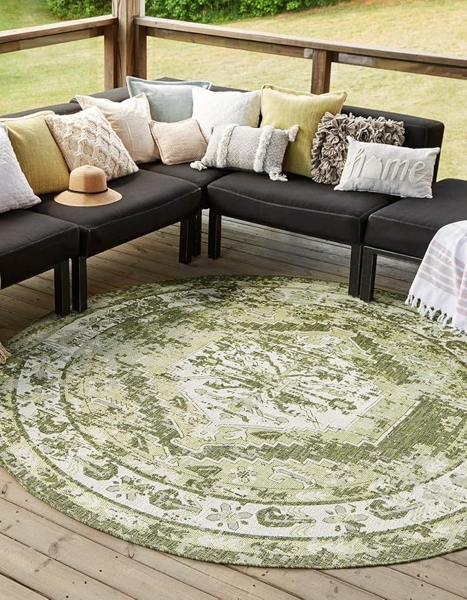 Unique Loom Outdoor Traditional Collection Area Rug - Valeria (4' 1" Round, Green/ Light Green)