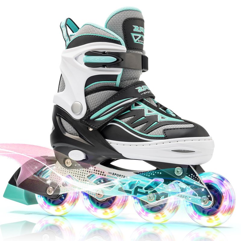 2PM SPORTS Cytia Pink Girls Adjustable Illuminating Inline Skates with Light up Wheels, Fun Flashing Beginner Roller Skates for Kids (Mint, Large - Youth (3-6 US))