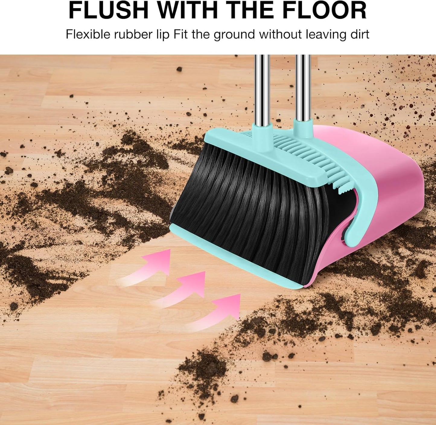 Broom and Dustpan Set, 52-in Long Adjustable Handle Broom Dustpan Combo with Dust pan Teeth to Automatically Clean Hair Suitable for Home Kitchen Office Hall Floor（Pink&Blue）