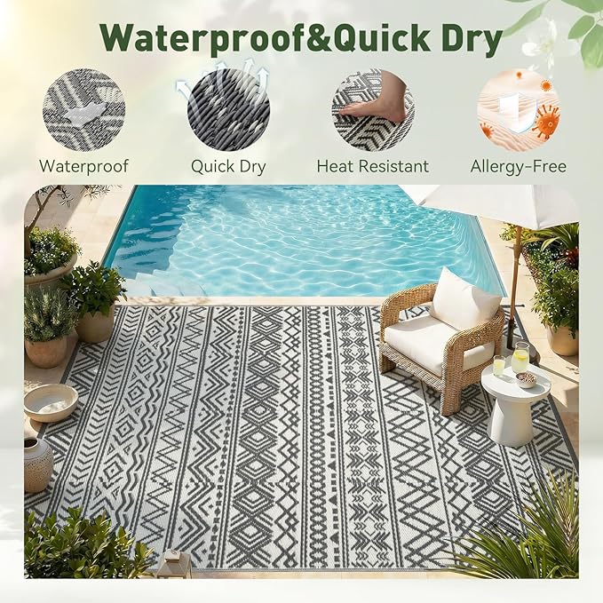 MontVoo Outdoor Rug Carpet Waterproof 10x14 Outdoor Patio Rug Mat Reverisble Plastic Straw Outdoor Rugs for RV Camping Picnic Beach Balcony Boho Grey Large