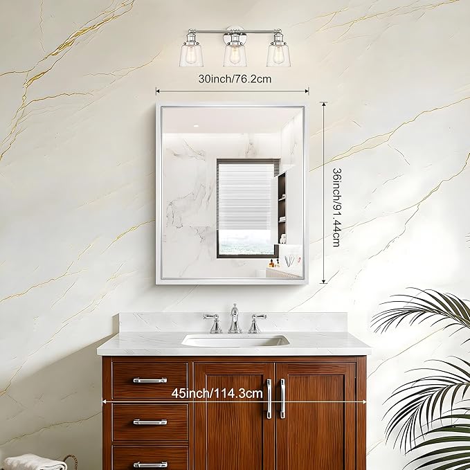 36x30 Silver Bathroom Mirror, Brushed Silver Rectangular Mirror