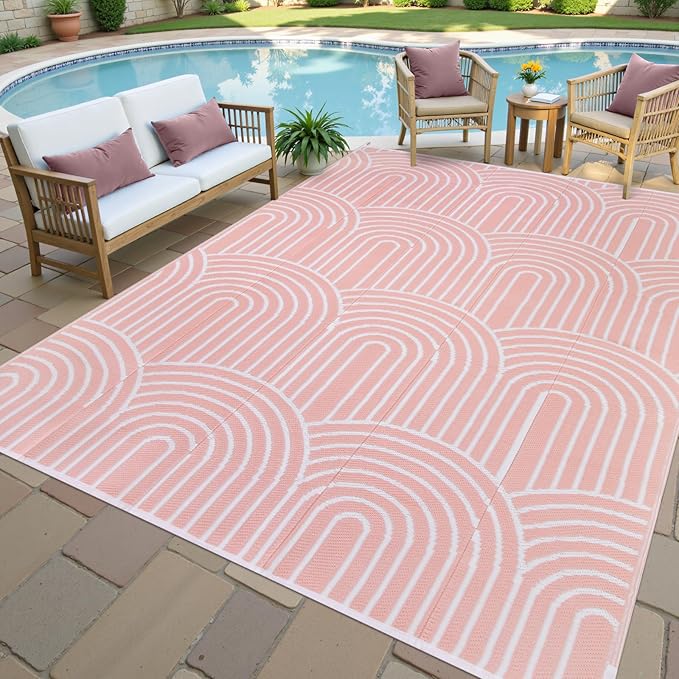Anidaroel Rainbow Patio Rugs Outdoor 8’X10’ Waterproof, Reversible Camping Rug for Outside RV, Portable Plastic Straw Outdoor Area Rug for Backyard, Garden, Pool Deck (Pink, 8‘X10')