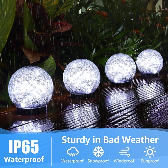 ASOMST 2-Pack Garden Solar Lights Outdoor, Cracked Glass Ball Light Waterproof, Decorative Solar Powered Globe Lighting Cool White for Yard Pathway