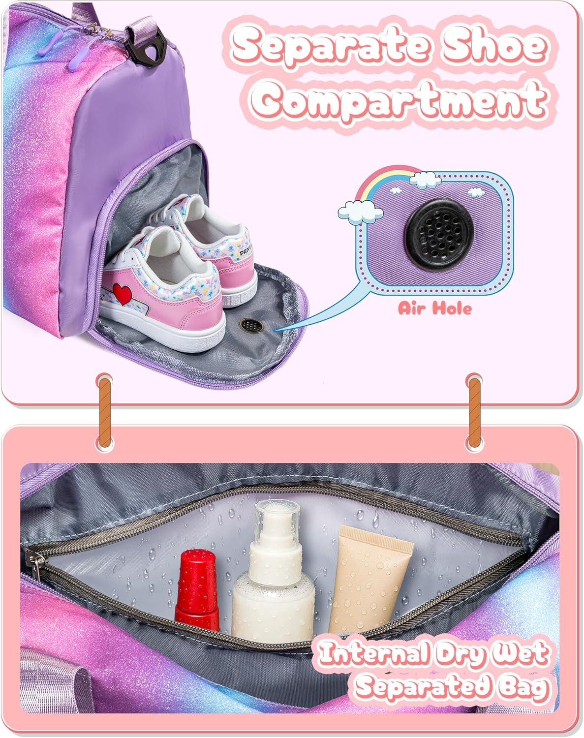 Skiennix Personalized Gym Bag for Girls - Stylish Weekender with Shoe Compartment & Makeup Pouch | Ages 4-11 (Letter A)
