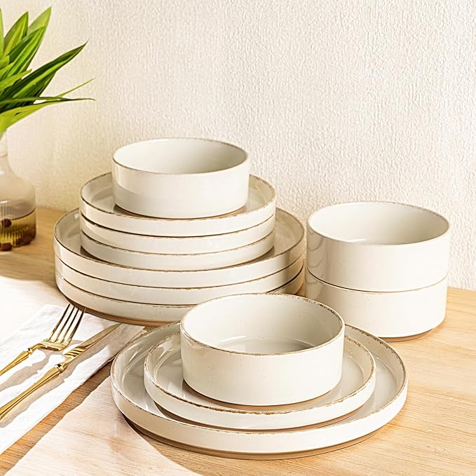 AmorArc Ceramic Dinnerware Sets for 8, 24 Pieces Handpainted Plates and Bowls Set with Rustic Terracotta Underside, Scratch Resistant Stoneware Dishes Set, Dishwasher & Microwave Safe