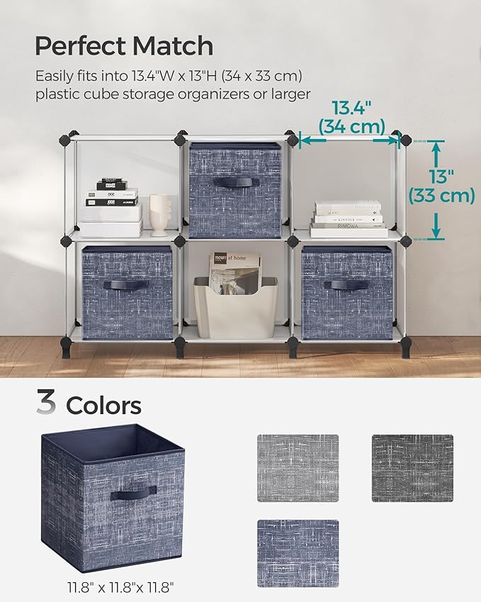 SONGMICS Storage Cubes, 11.8-Inch Non-Woven Fabric Bins with Double Handles, Set of 6, Closet Organizers for Shelves, Foldable, for Clothes, Misty Blue UROB030I01