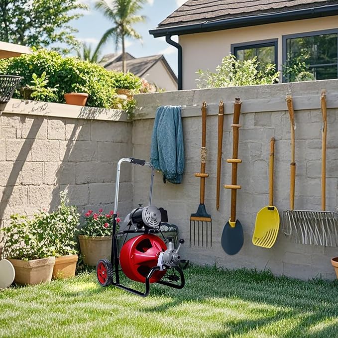 Drain Cleaner Machine 50FT x 3/8 Inch, Auto Feed Sewer Snake Drain Auger - Electric Drain Cleaning Machine Fits 1-1/4 Inch to 2 Inch Pipes, Portable Drain Auger Cleaner with 8 Cutters