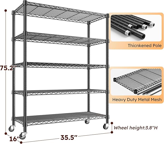 REIBII Storage Shelves with Wheels Wide Wire Shelving Unit with Wheels 75.2"H Tall Metal Shelves for Storage Sturdy Heavy Duty Shelving Deep Pantry Shelves 5 Tier Storage Rack, Keep Organized, 2 Pack