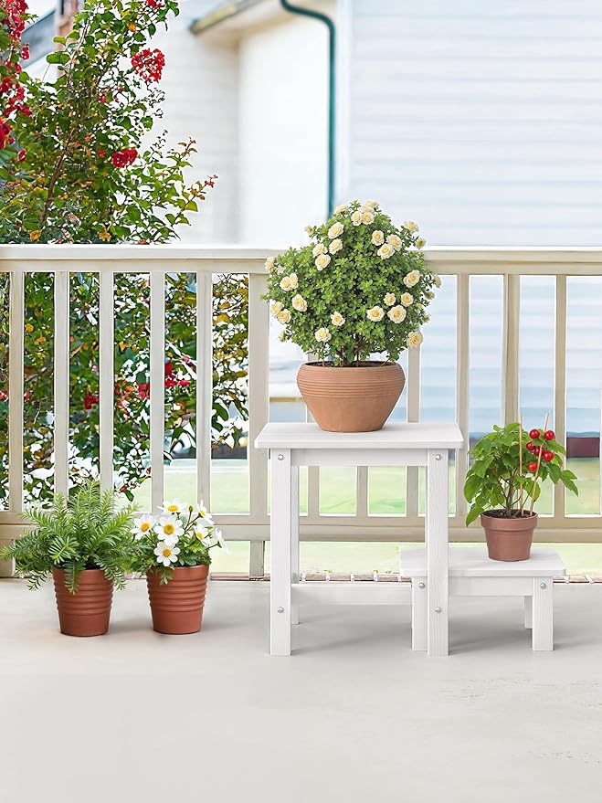 LUE BONA Outdoor Side Table, 2-Tier HDPS Outdoor Nesting End Table with Removable Small Foot Stool for Patio, Deck, Poolside, Low Maintenance & Weather Resistant, White