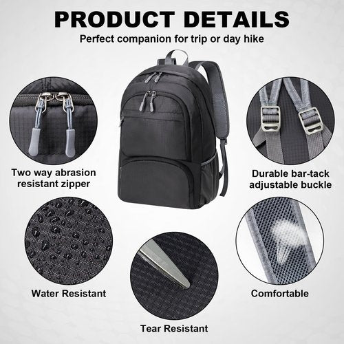 HOLYLUCK 20L lightweight packable Hiking Daypack Foldable Backpack for Men Women Small Travel Outdoor Foldable Shoulder Bag-black