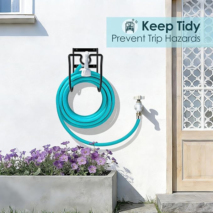 Hose Hanger Wall Mount, Metal Garden Hose Holder with Nozzle Groove for Outside Inside Water Hoses Extension Cords Air Lines, Black, 2 Pcs