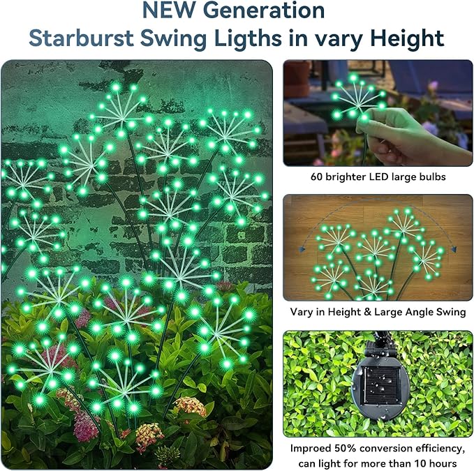 Slyuexu Solar Garden Lights 2 Pack Waterproof Swaying Starburst Light Solar Outdoor Lights for Yard Patio Walkway Pathway Party Wedding Decoration, Unique Gifts for Women, Green