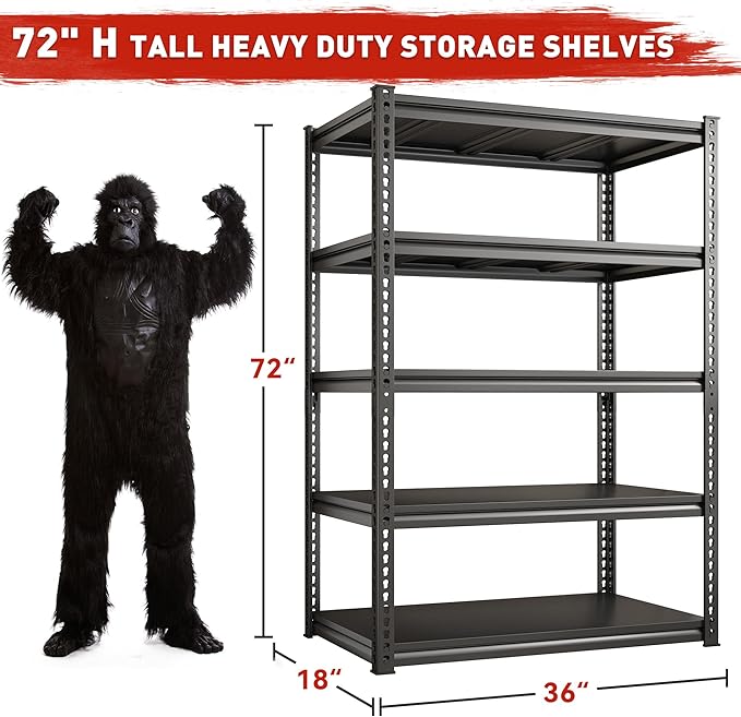 REIBII 72" H Garage Shelving Load 2500 LBS, Heavy Duty Storage Shelves, 5-Tier Adjustable Garage Shelves for Warehouse, Basement, 72" H x36 W x18 D, Black, 3 Pack