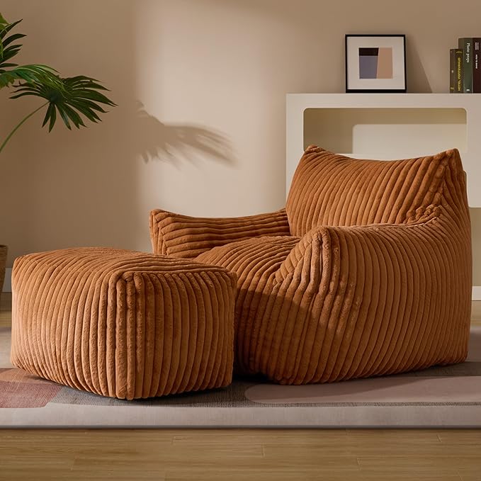 Oversized Bean Bag Chaise Lounge Chair Indoor for Adults with Armrests & Ottoman - Giant Comfy Orange Beanbag Floor Sofa Cloud Accent Chair for Reading, Gaming, Cozy Plush Cloud Mini Couch