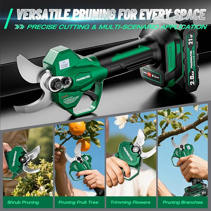 Electric Pruning Shears, 2.1" (54mm) Cutting Diameter Cordless Electric Scissors with LCD Display, 21V Brushless Motor Branch Cutter with 2 PCS Rechargeable 2000mAh Batteries & 2 Blades (Green)