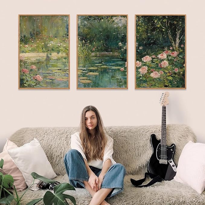 FWIEXA Monet Floral Framed Canvas Wall Art Set, Impressionist Botanical Garden Wall Decor, Vintage Ponds Tree Plant Artwork, Nature Landscape Prints for Living Room, Bedroom - Size 24"x36"x3