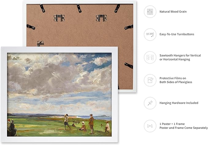 Poster Master Vintage Lady Astor Playing Golf at North Berwick Painting Poster - Retro Golf Course Print - Golf Art - Sports Art - Landscape Art - Office or Living Room Decor, 8x10 White Framed