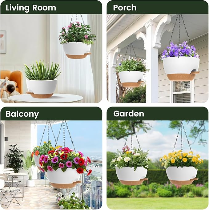 2 Pack 12 Hanging Flower Pots with Chains Self Watering Plastic Planters for Indoor Outdoor Plants, Sturdy Triangular Iron Chain Design for Garden PorchPlastic hanging flower pots (2, White-brown)