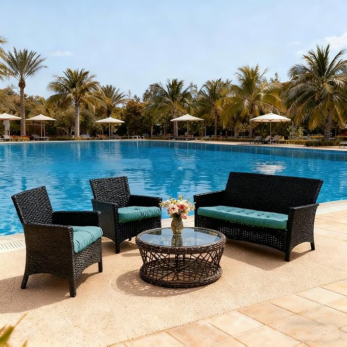 Patio Furniture Cushions Outdoor, Waterproof Wicker Chair Cushions Set of 3, 1 Loveseat & 2 Seat Pads, Thick Outdoor Replacement Cushions for Porch Lawn Bench Couch Sofa Swing, Lake Blue