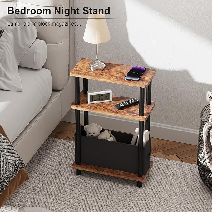 Apicizon Small Narrow Side Table, 3-Tier Skinny End Table for Small Spaces, Slim Nightstand with Fabric Basket, Bedside Table for Living Room, Bedroom, Rustic Brown and Black