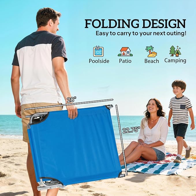 Outsunny Outdoor Lounge Chairs Set of 2, Adjustable Folding Chaise Lounges, Tanning Chairs with Sun Shade for Beach, Camping, Hiking, Backyard, Blue
