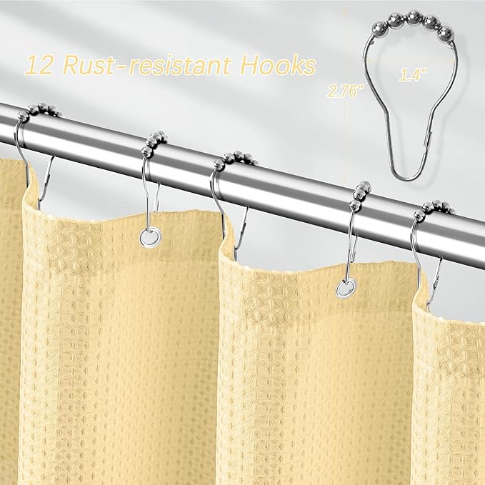 Extra Long Shower Curtains 96 inch Beige Waffle Shower Curtain for Bathroom, Heavy Duty 256GSM Modern Shower Curtain, Machine Washable,Water Resistant with 12 Metal Hooks, 72Wx96H