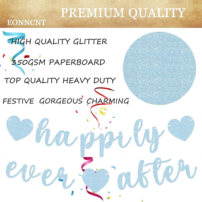 Pre-Strung Happily Ever After Banner - Light Blue Glitter Bachelorette Bridal Engagement Party Decoration Supplies, Bachelorette Wedding Party Banner for Engagement, Bridal Shower, Wedding Party Photo Booth Props