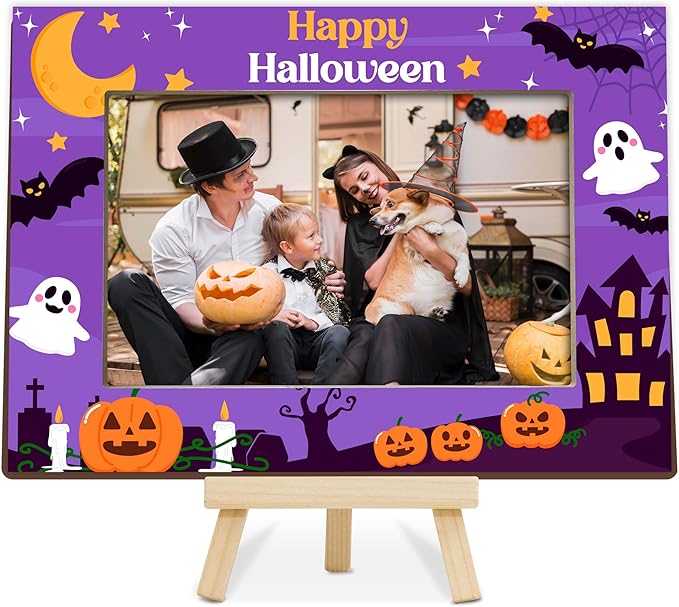 Halloween Picture Frame, 4×6 Pumpkin Wooden Photo Frame for Home Decor Tabletop Display, Cute Ghost Gifts for Family Friends - A02