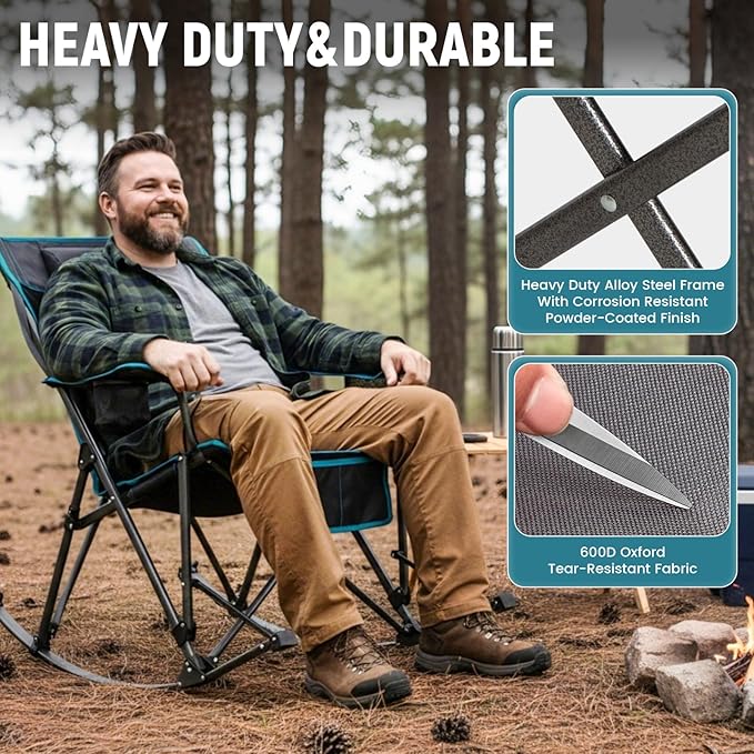 FUNDANGO Oversized Rocking Camping Chair for Adults, Portable Folding Lawn Chairs for Outside with Pillows, Wide Armrest, 2 Cup Holders, Carry Bag for Patio Garden Outdoor Supports 400Lbs (Grey)