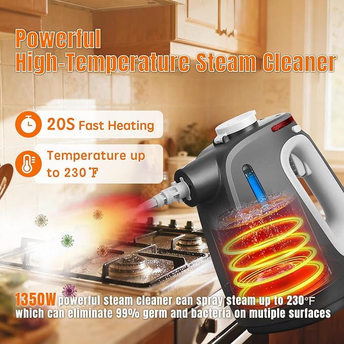 Pressurized Handheld Steam Cleaner for Home, Multi-Surface Steamer with 14 PCS Accessories for House Cleaning, 20S Fast Heat Up, 1350W Portable Steamer Cleaner with Safety Lock for Bathroom, Kitchen