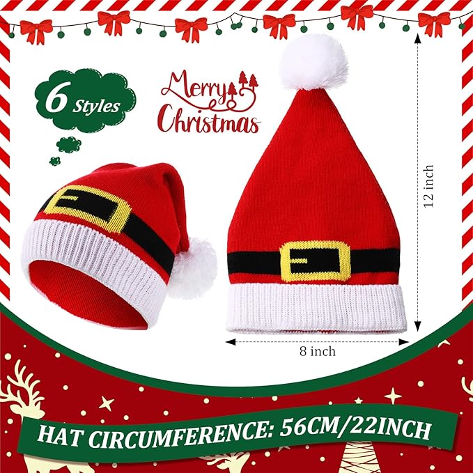 Vicenpal 6 Pcs Christmas Knitted Hat Xmas Beanie Hat Bulk Crochet Knit Cap Set Printed Wool Bulk