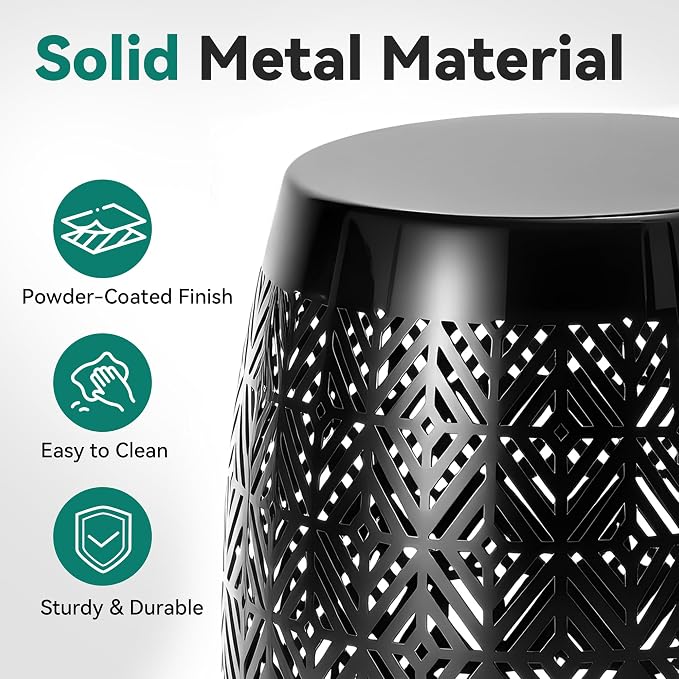 18" Cutout Metal Outdoor Side Table with 3-Mode LED Lights, Modern Decorative Drum End Table, Versatile Coffee Table/Garden Stool/Night Stand/Plant Stand for Patio, Living Room, Bedroom