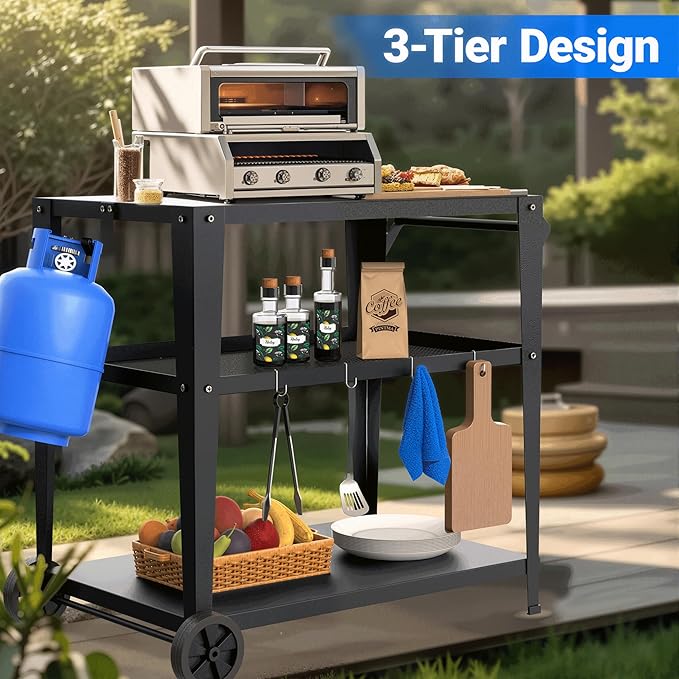 3-Shelf Outdoor Grill Table & Pizza Oven Cart with Wheels, Stainless Steel BBQ Prep Table with Hooks, Mobile Grill Stand for Blackstone (Black)