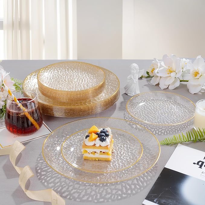 Rubtlamp 60Pcs Clear Gold Plastic Plates, Gold Glitter Disposable Plates, Hammered Plastic Plates Included 30 Dinner Plate And 30 Dessert Plate for Weddings Party Birthday