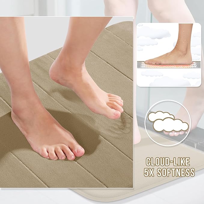 Yimobra Long Bath Mat 44"x24", Super Soft Quick Dry Memory Foam Bathroom Rug, Water Absorbent, Non Slip Backing Machine Washable for Tub Shower, Thick Comfort Support, Pale Khaki