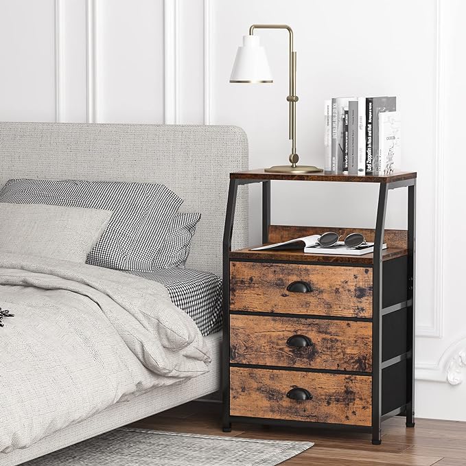 Furnulem Nightstand with 3 Drawers and 2-Tier Shelf, Fabric Small Dresser Organizer Vertical Storage Tower for Bedroom, Closet, Hallway, Nursery, End Table Side Furniture, Sturdy Steel Frame, Wood Top