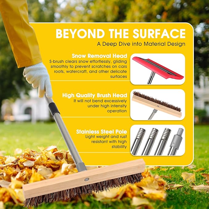 2-in-1 Leaf Roof Brush and Snow Rake, Roof Cleaning Brush & Leaf Removal Tool, Adjustable 5-20ft Cleaning Brush Tool for Cleaning Shingles, Solar Panels, Car Tops with No-Scratch Head