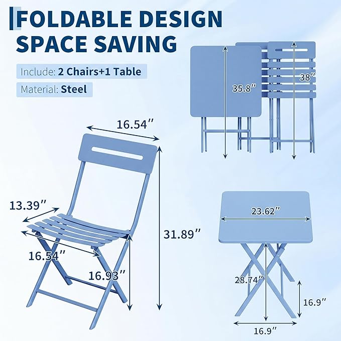 GarveeTech 3-Piece Folding Bistro Set, Heavy Duty Outdoor Patio Furniture with 2 Chairs & 1 Table, Weather-Resistant Steel Frame, No Assembly Required for Garden, Yard, Balcony,Blue