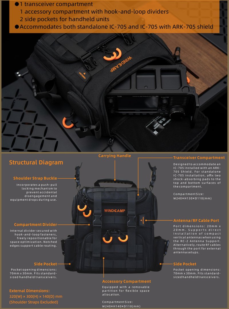 PQIQP WINDCAMP 705 Radio Handbag for ICOM IC-705 FTX-1F Field Pack Compatible with LC-192 GO box Carry Bag Shoulder Bag